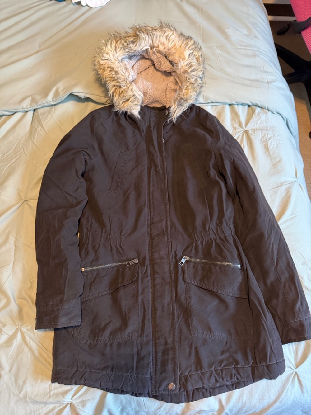 Women's Black Faux-Fur Hooded Parka Coat